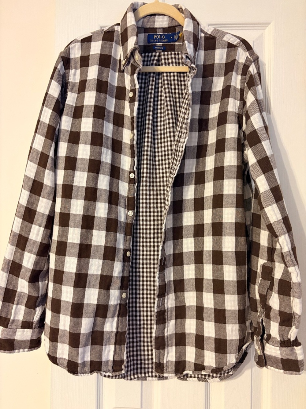 Polo Ralph Lauren brown and white gingham double-faced flannel shirt.